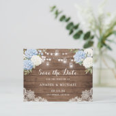 Blauwe Hortensia Houten Slingerlichten Save the Da Aankondigingskaart (Staand voorkant)