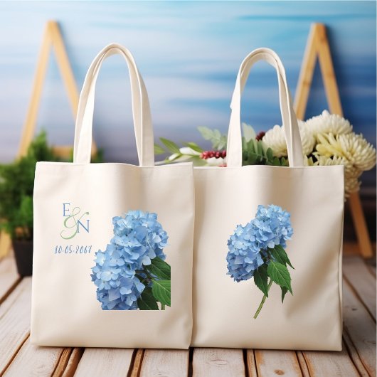 Blauwe Hortensia Huwelijks Monogram Tote Bag