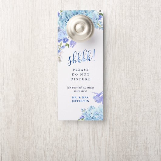 Blauwe Hortensia Huwelijks Welkom Niet Storen Deurhanger (Op knop)