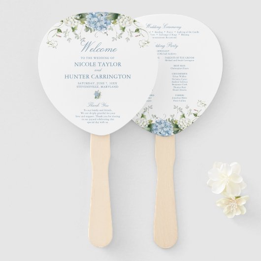 Blauwe Hortensia Huwelijksceremonieprogramma Handwaaier (Voorkant en achterkant)