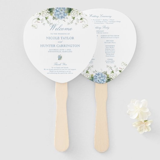Blauwe Hortensia Huwelijksceremonieprogramma Handwaaier (Voorkant en achterkant)