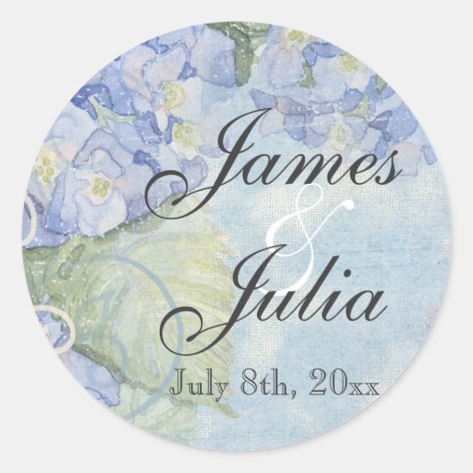 Blauwe hortensia, huwelijkszegel ronde sticker (Voorkant)