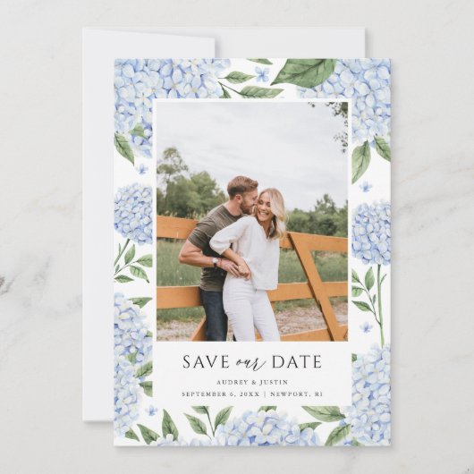 Blauwe hortensia ingelijst Foto Sla de datum op Kaart (Voorkant)