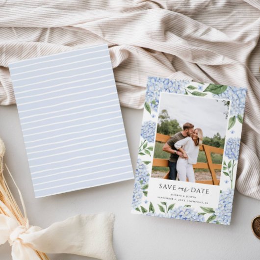 Blauwe hortensia ingelijst Foto Sla de datum op Kaart