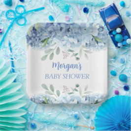 Blauwe Hortensia Jongens Bloemen Baby Shower Papieren Bordje