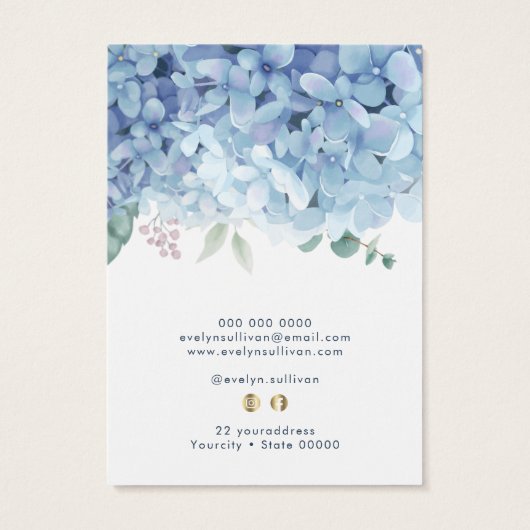 Blauwe hortensia ketting display kaart (Achterkant)
