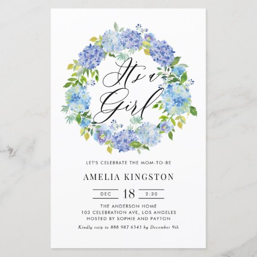Blauwe Hortensia Krans Het is een Meisje Uitnodigi (Voorkant)