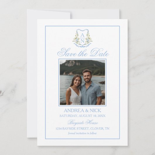 Blauwe Hortensia Kuif Monogram QR-code Save The Date (Voorkant)