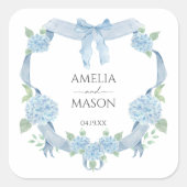 Blauwe Hortensia Kuif Waterverf Bruiloft Vierkante Sticker (Voorkant)