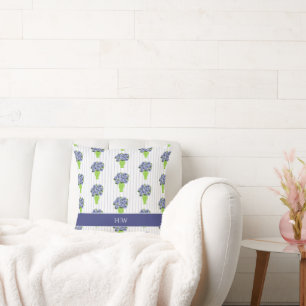 Blauwe Hortensia Kustgroene Vaas Streep Monogram  Kussen