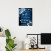Blauwe Hortensia Lantaarn Hout Boho Proefdiner Poster (Thuiskantoor)