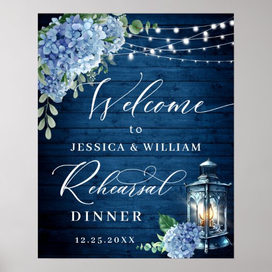 Blauwe Hortensia Lantaarn Hout Boho Proefdiner Poster (Voorkant)