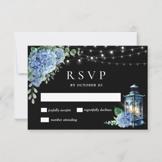 Blauwe Hortensia Lantaarn Zwarte Boho Bruiloft RSVP Kaartje (Voorkant)