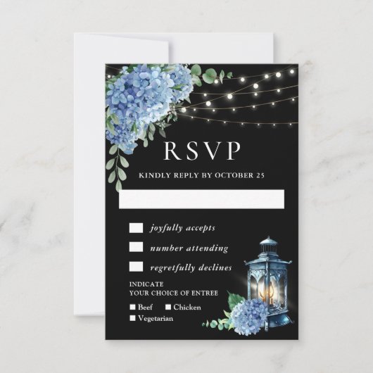 Blauwe Hortensia Lantaarn Zwarte Boho Bruiloft RSVP Kaartje (Voorkant)