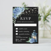 Blauwe Hortensia Lantaarn Zwarte Boho Bruiloft RSVP Kaartje (Staand voorkant)