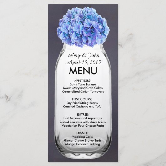 Blauwe hortensia mason pot bruiloft menu hortensia (Voorkant)