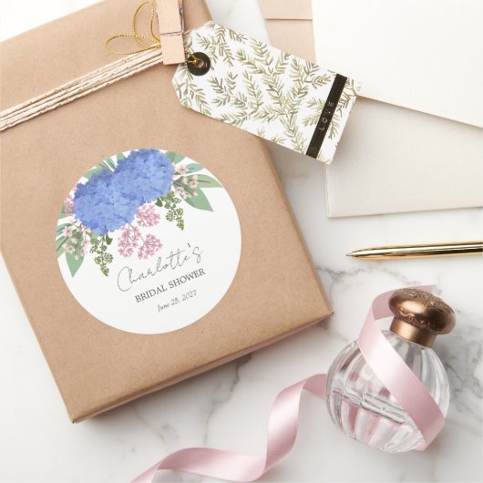 Blauwe Hortensia Moderne Bloemrijke Bruidsdouche Ronde Sticker (Geschenken)