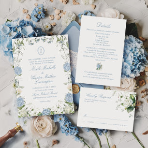 Blauwe Hortensia Monogram Huwelijks Crest Uitnodig Kaart