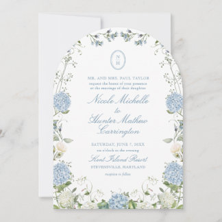 Blauwe Hortensia Monogram Huwelijksboog Uitnodigin Kaart