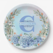 Blauwe Hortensia Monogram Papieren Bord (Voorkant)