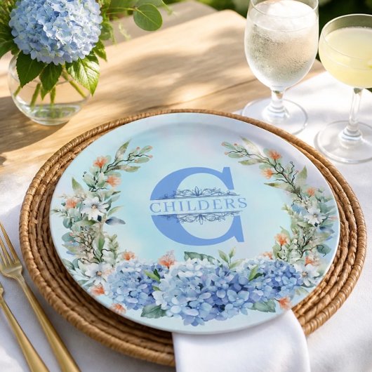 Blauwe Hortensia Monogram Papieren Bord