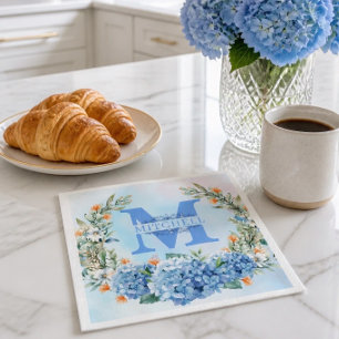 Blauwe Hortensia Monogram Papieren Servet