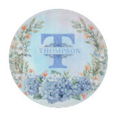 Blauwe Hortensia Monogram Rond Snijplank (Voorkant)