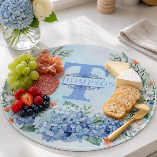 Blauwe Hortensia Monogram Rond Snijplank