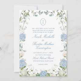 Blauwe Hortensia Monogram Wapen Huwelijksuitnodigi Kaart