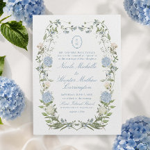 Blauwe Hortensia Monogram Wapenschild Trouw Uitnod