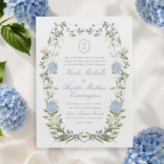 Blauwe Hortensia Monogram Wapenschild Trouw Uitnod Kaart