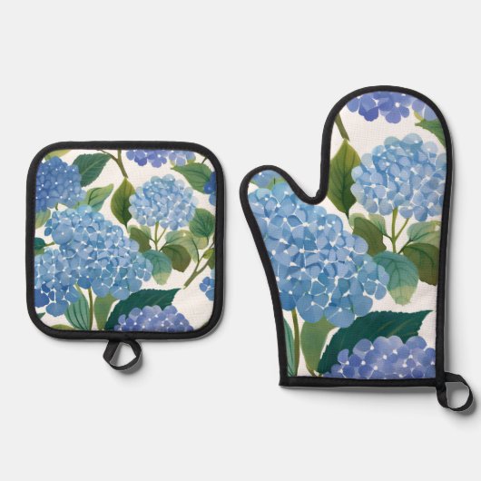 Blauwe hortensia | Mooie bloemen Struik Ovenwant & Pannenlap Set (Voorkant)