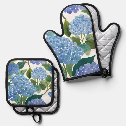 Blauwe hortensia | Mooie bloemen Struik Ovenwant & Pannenlap Set (Voorkant / Achterkant)