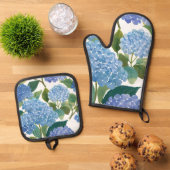 Blauwe hortensia | Mooie bloemen Struik Ovenwant & Pannenlap Set (Top down)