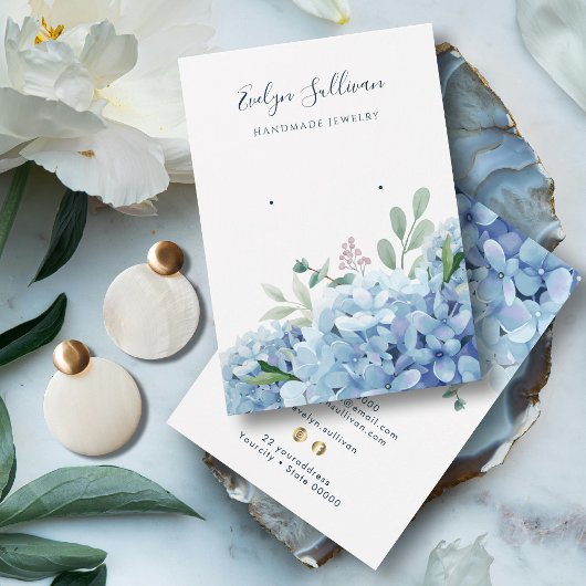 Blauwe hortensia oorbel display kaart