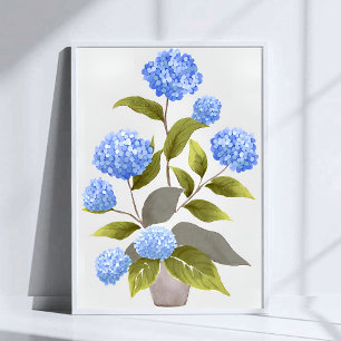 Blauwe Hortensia Plant   Mooie Bloemige Aquarel Poster