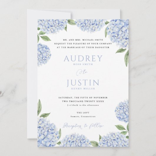 Blauwe hortensia rand, gepersonaliseerde crest bru kaart (Voorkant)