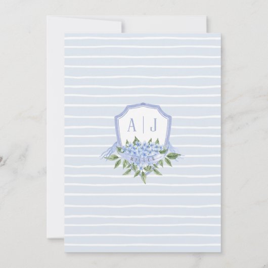 Blauwe hortensia rand, gepersonaliseerde crest bru kaart (Achterkant)