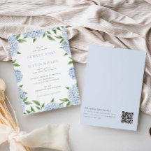 Blauwe hortensia rand, QR-code op rug, bruiloft