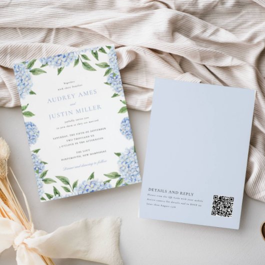 Blauwe hortensia rand, QR-code op rug, bruiloft Kaart