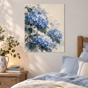 Blauwe Hortensia Regen Kunstprint Poster