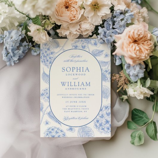 Blauwe Hortensia Retro Bruiloft Kaart