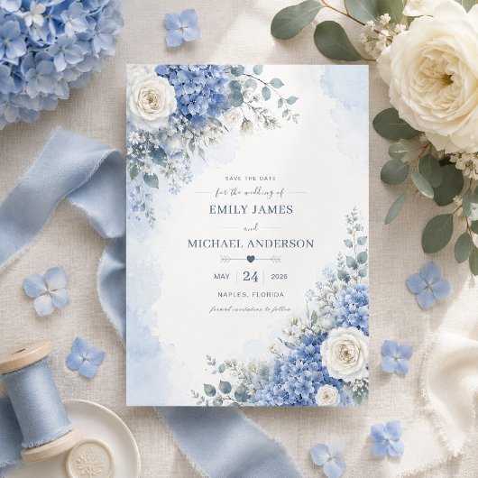 Blauwe Hortensia Save the Date Kaart