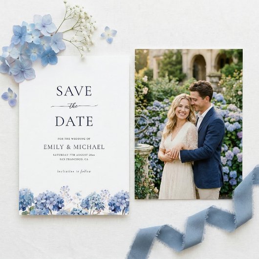 Blauwe Hortensia Save The Date Met Foto Plat Kaart