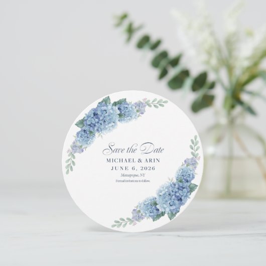 Blauwe Hortensia Save The Dates Date (Staand voorkant)