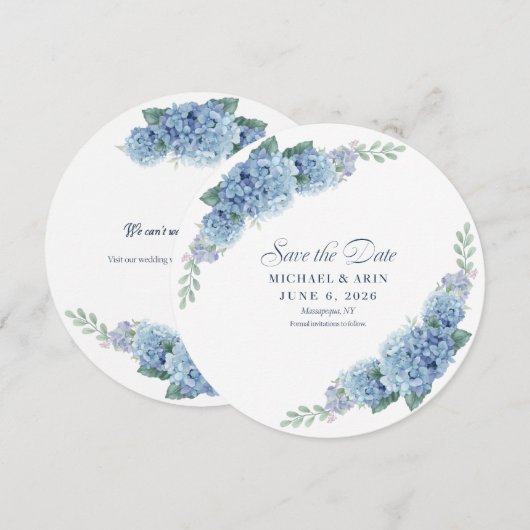 Blauwe Hortensia Save The Dates Date (Voorkant / Achterkant)