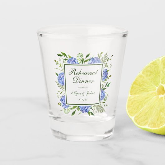 Blauwe Hortensia Script Oefen Diner Shot Glas (Voorkant)