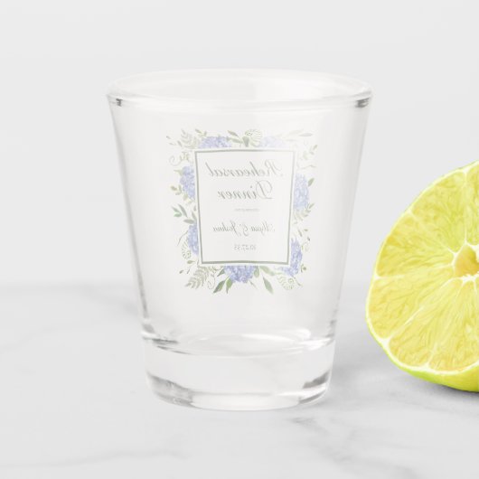 Blauwe Hortensia Script Proefavond Diners Shot Glas (Achterkant)
