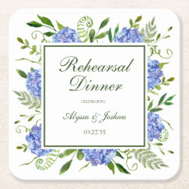 Blauwe Hortensia Script Proefbruiloftsdiner Kartonnen Onderzetters