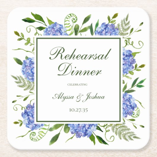 Blauwe Hortensia Script Proefbruiloftsdiner Kartonnen Onderzetters (Voorkant)